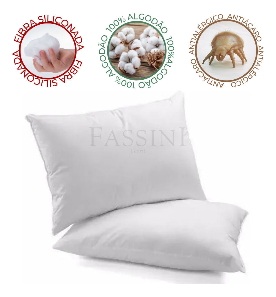 Kit 2 Travesseiros Antialérgico 50x70 Suporte Macio Fibra Siliconada 100% Algodão
